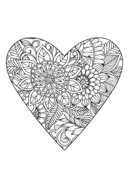 Boyama kitabı stili. Sevgililer Günü teması. Kalp çiçek desenli. Vektör beyaz ve siyah kitap boyama için çizilmiş. 