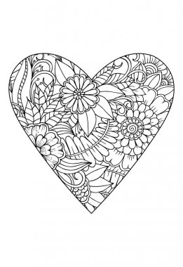 Boyama kitabı stili. Sevgililer Günü teması. Kalp çiçek desenli. Vektör beyaz ve siyah kitap boyama için çizilmiş. 
