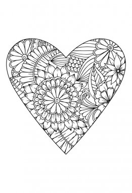 Boyama kitabı stili. Sevgililer Günü teması. Kalp çiçek desenli. Vektör beyaz ve siyah kitap boyama için çizilmiş. 
