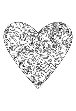 Boyama kitabı stili. Sevgililer Günü teması. Kalp çiçek desenli. Vektör beyaz ve siyah kitap boyama için çizilmiş. 
