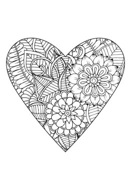 Boyama kitabı stili. Sevgililer Günü teması. Kalp çiçek desenli. Vektör beyaz ve siyah kitap boyama için çizilmiş. 