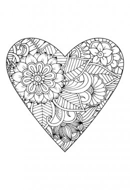 Boyama kitabı stili. Sevgililer Günü teması. Kalp çiçek desenli. Vektör beyaz ve siyah kitap boyama için çizilmiş. 