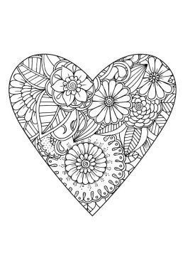 Boyama kitabı stili. Sevgililer Günü teması. Kalp çiçek desenli. Vektör beyaz ve siyah kitap boyama için çizilmiş. 