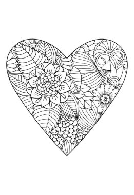 Boyama kitabı stili. Sevgililer Günü teması. Kalp çiçek desenli. Vektör beyaz ve siyah kitap boyama için çizilmiş. 