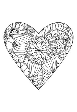 Boyama kitabı stili. Sevgililer Günü teması. Kalp çiçek desenli. Vektör beyaz ve siyah kitap boyama için çizilmiş. 