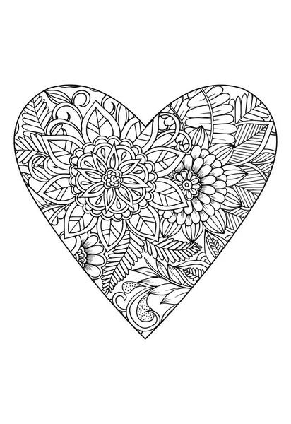 Färgläggningsschemat Bok Stil Alla Hjärtans Dag Tema Hjärta Med Blommönster — Stock vektor