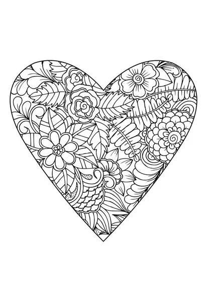 Boyama Kitabı Stili Sevgililer Günü Teması Kalp Çiçek Desenli Vektör — Stok Vektör