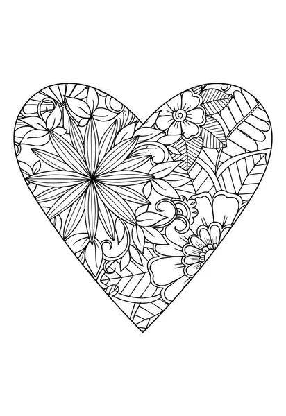 ブックのスタイルを着色します バレンタインの日のテーマ 花柄ハート ベクトルの白と黒の塗り絵を描画 — ストックベクタ