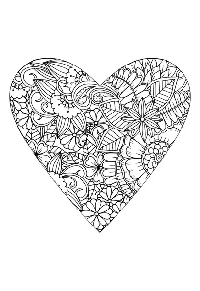 Boyama Kitabı Stili Sevgililer Günü Teması Kalp Çiçek Desenli Vektör — Stok Vektör