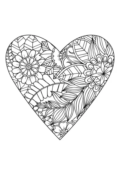 Coloriage style.Valentine's day theme. Coeur avec fleurs — Image vectorielle