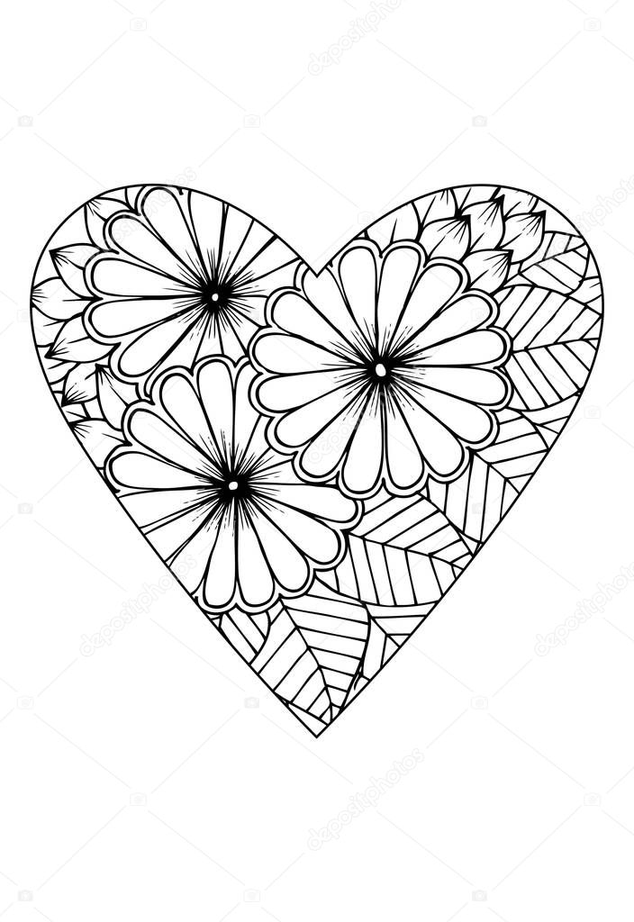 Coloring book style.Valentine's day theme. Heart with flower pattern. Vector white and black drawn for coloring book. 