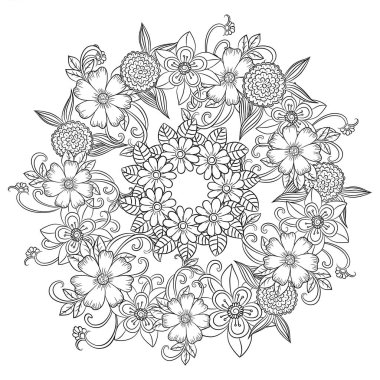 Vector flower mandala in black and white. Round pattern for colo clipart