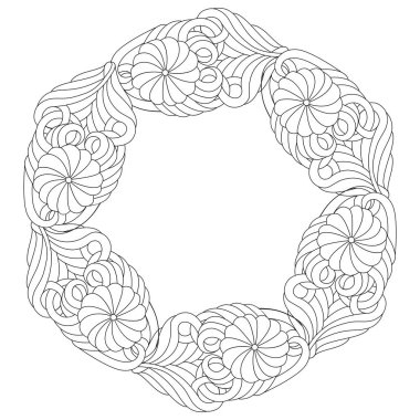Siyah ve beyaz yetişkin renklendirme kitap için çelenk.