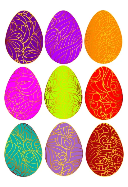 Conjunto vetorial de ovos de páscoa de cor com padrão chique de ouro isolado — Vetor de Stock