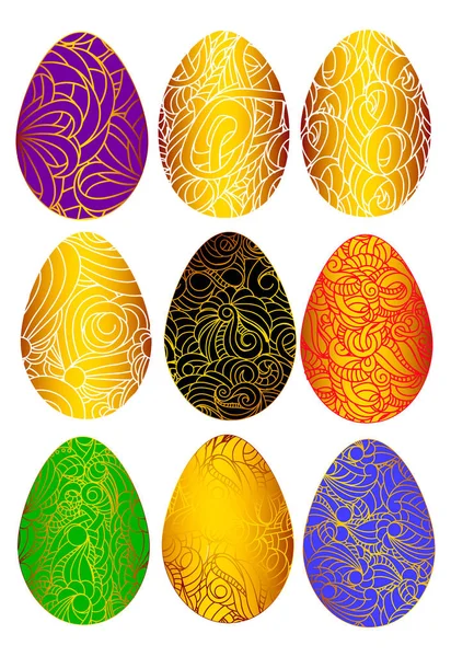Vector set of  color easter eggs with gold chic pattern isolated on a white — Stock Vector