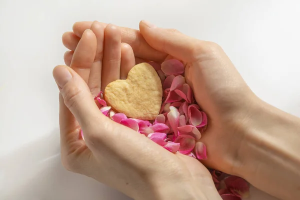 Corazón Está Manos Femeninas Pétalos Rosa —  Fotos de Stock