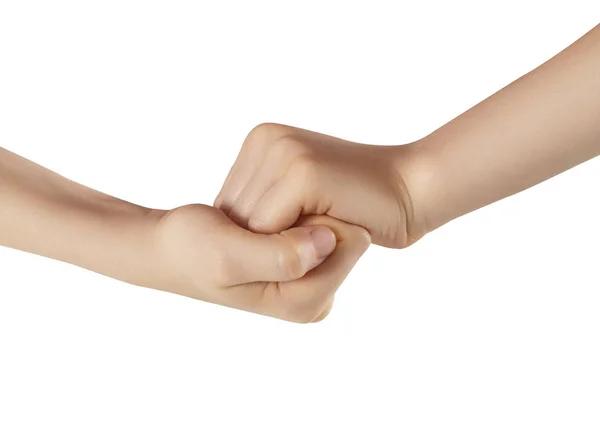 Mãos Reunidas Punho Estão Fundo Branco — Fotografia de Stock
