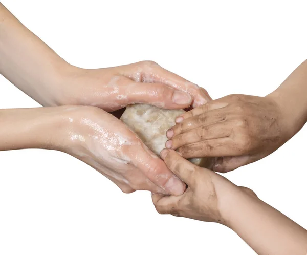 Mãos Mãos Mulheres Crianças Estão Segurando Sabão Lavanderia — Fotografia de Stock