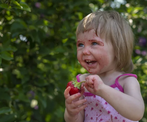 Het Kleine Meisje Maakte Haar Gezicht Vuil Met Aardbeien — Stockfoto