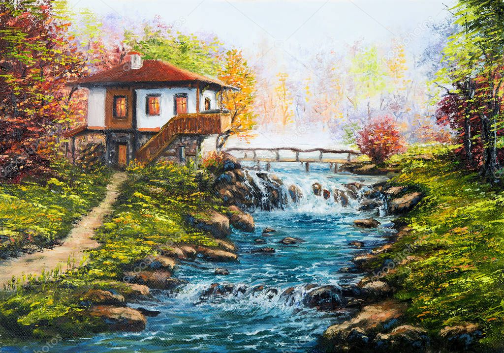 Original oil painting showing traditional Bulgarian house and river in the mountains on canvas. Modern Impressionism, modernism,marinis