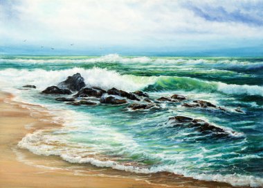 Okyanusun orijinal yağlı boya tablosu ve tuval üzerindeki uçurumlar. Modern empresyonizm