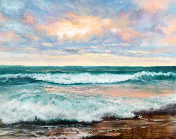Oryginalny Obraz Olejny Piękny Zachód Słońca Nad Oceanem Plaży Płótnie — Zdjęcie stockowe