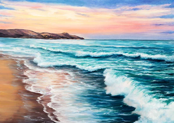 Lukisan Minyak Asli Indah Matahari Terbenam Pantai Laut Canvas Modern Stok Gambar