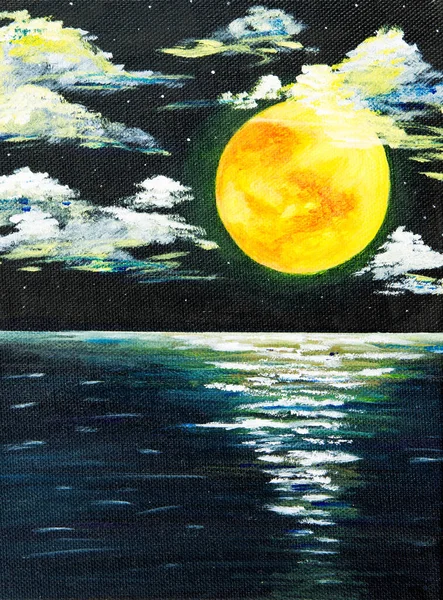 Pittura Acrilica Originale Bella Luna Piena Sull Oceano Tela Impressionismo — Foto Stock