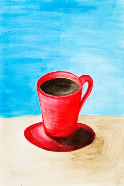 Original Acrylic Painting Red Cup Coffee Table Modern Impressionism Modernism — Stock Photo, Image