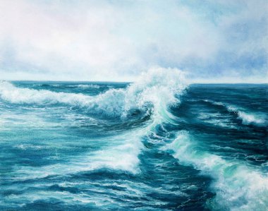 Orijinal yağlı boya tablo okyanusta veya denizde tuval üzerinde dalgaları gösteriyor. Modern empresyonizm, modernizm, mariniler