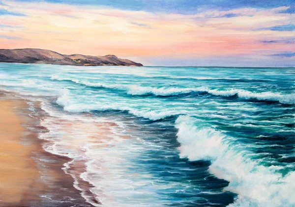 Pintura Óleo Original Hermosa Puesta Sol Púrpura Sobre Playa Del — Foto de Stock