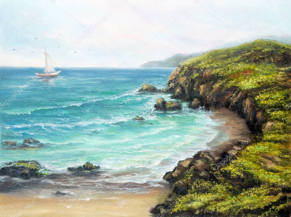 Original oil painting of  Ocean,ship  and cliffs on canvas.Modern Impressionism