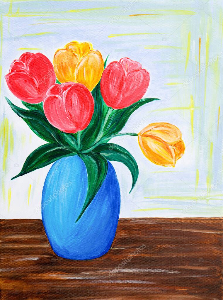 Original acrylic painting of fresh flowers bouquet.Red and orange tulips in a vase on canvas.Modern Impressionism, modernism,marinis