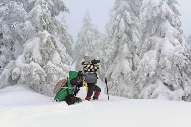 Kış dağlarında sırt çantalı yürüyüşçüler