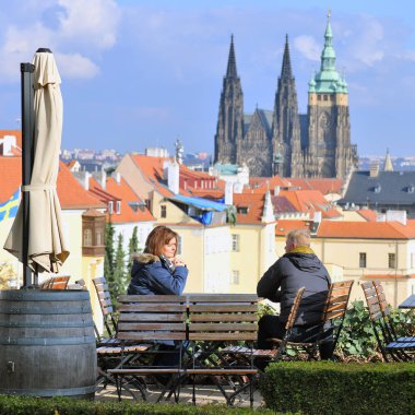 PRAGUE, CZECH REPUBLIC  May 1, 2017: people at street cafe 