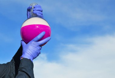Mavi eldivenli erkek eli pembe sıvı tüp tutuyor. 