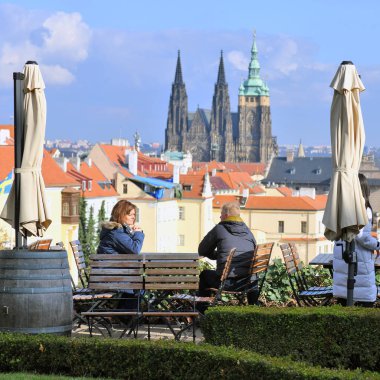 PRAGUE, CZECH REPUBLIC  May 1, 2017: people at street cafe 