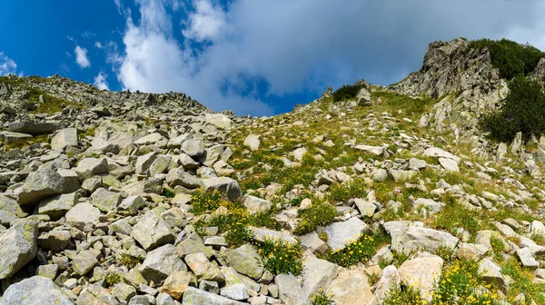 Difficult hiking trail going uphill through the rocks, Pirin mountains, Bulgaria