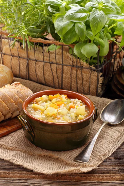 Autumn vegetable soup with toasts and space for text — Stock Photo, Image