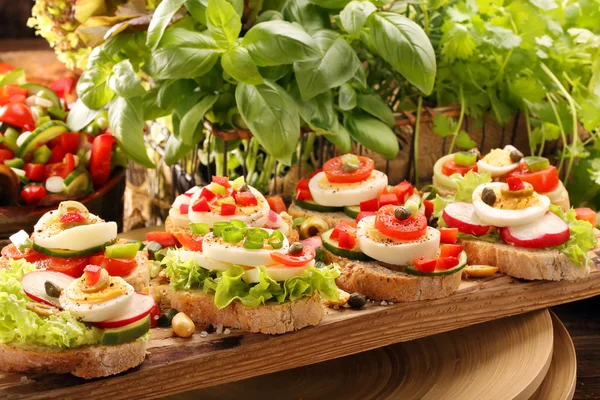 Sanduíches vegetarianos saudáveis frescos para café da manhã e salada — Fotografia de Stock