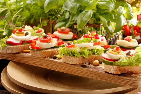 Sanduíches vegetarianos saudáveis frescos para café da manhã e salada — Fotografia de Stock