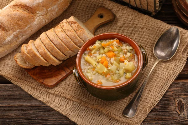 Autumn vegetable soup with toasts and space for text — Stock Photo, Image