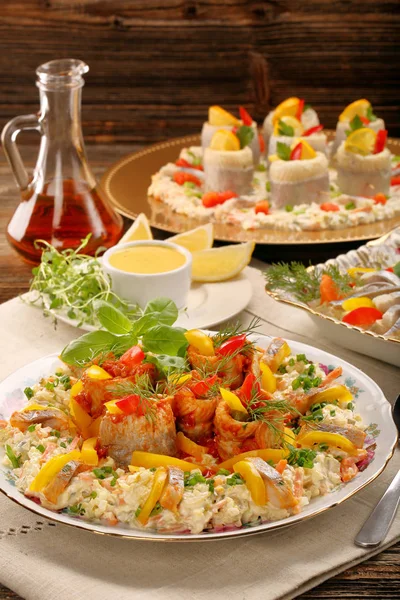 Rolled christmas herrings in tomato sauce — Stock Photo, Image