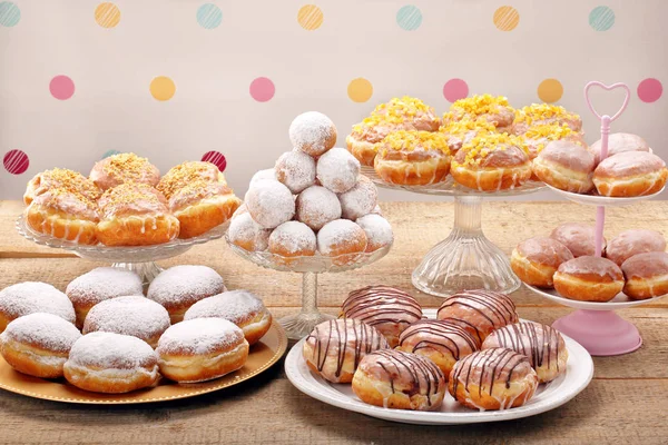 Different types of donuts cakes on Fat Thursday — Stock Photo, Image
