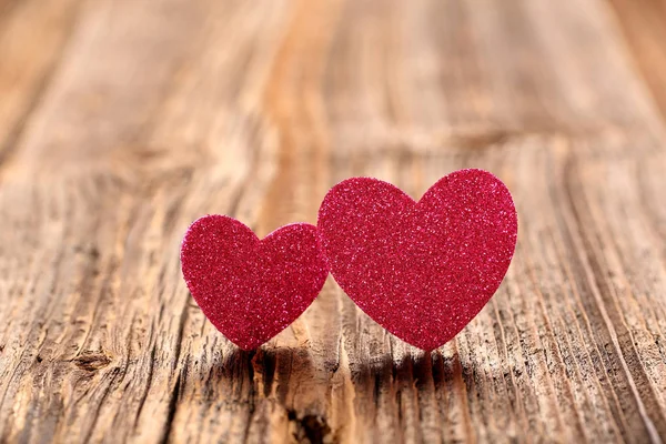 Valentines day card with two hearts on wooden background — Stock Photo, Image