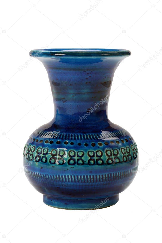 Handmade blue vase isolated on white background