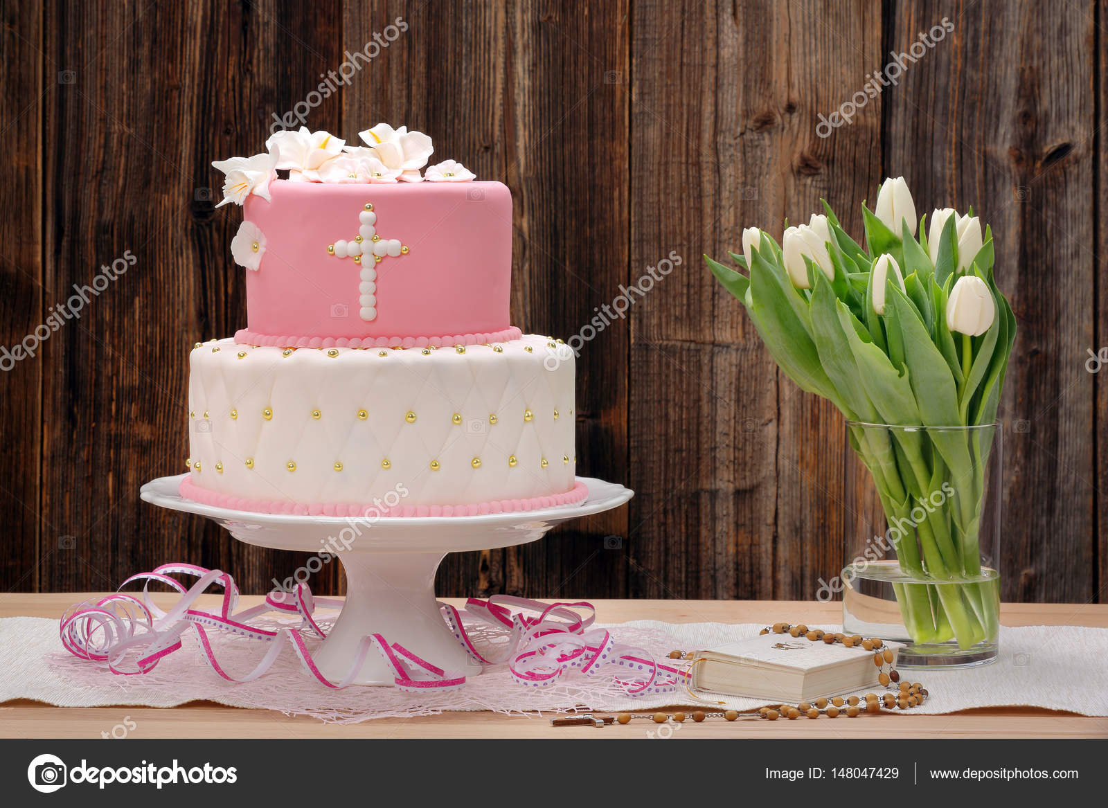 First Holy Communion Cake On Wooden Background Stock Photo By C Wideonet