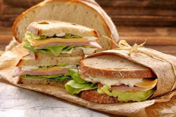 Fresh sandwich with ham cheese lettuce and yogurt sauce — Stock Photo, Image