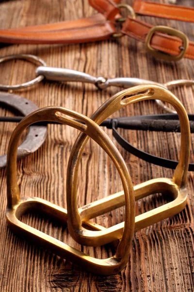 Conjunto de equipamiento para caballos sobre fondo de madera — Foto de Stock