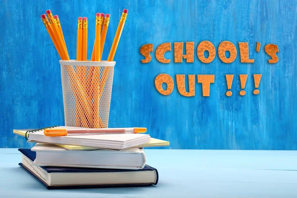 Schools end inscription and supplies on blackboard background